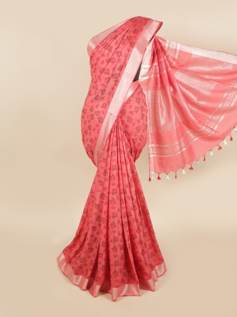 

Pothys Coral & Silver-Toned Floral Linen Blend Chettinad Saree
