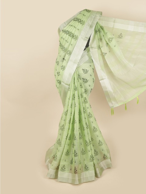 

Pothys Green & Silver-Toned Floral Linen Blend Chettinad Saree