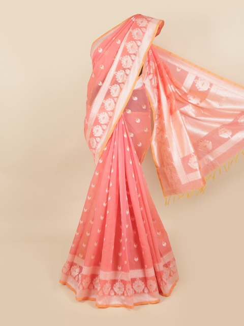 

Pothys Peach-Coloured & Yellow Ethnic Motifs Embroidered Pure Cotton Chettinad Saree