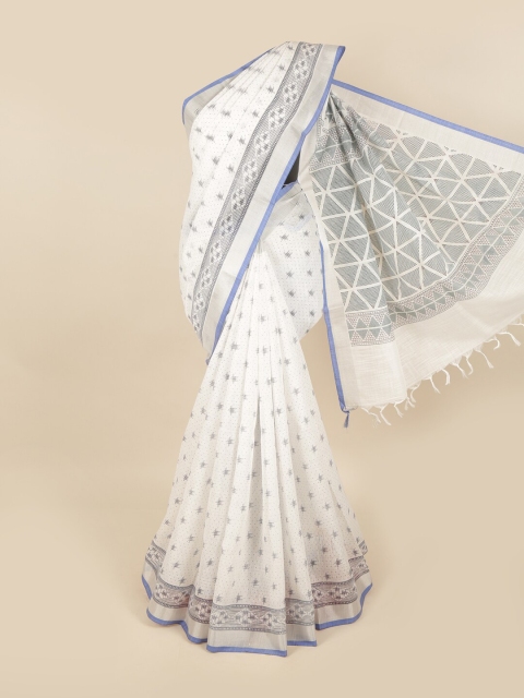 

Pothys White & Blue Zari Linen Blend Chettinad Saree