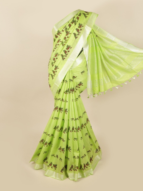 

Pothys Green & Maroon Ethnic Motifs Linen Blend Chettinad Saree