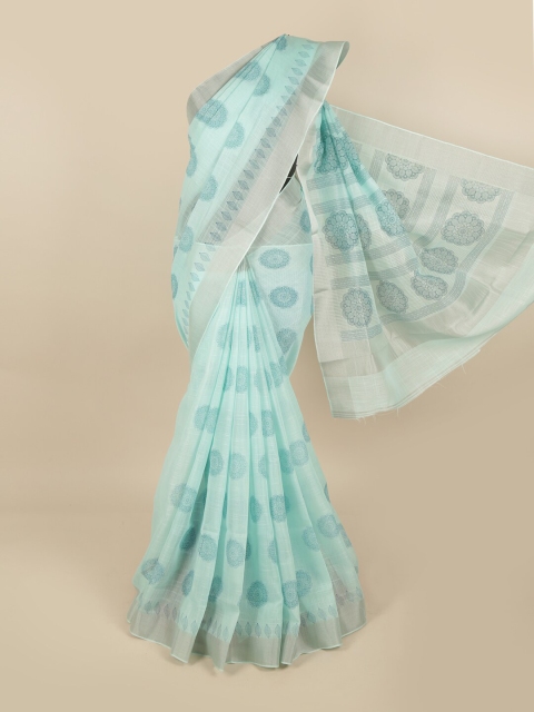 

Pothys Green & Silver-Toned Ethnic Motifs Printed Linen Blend Chettinad Saree