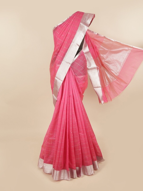 

Pothys Pink & Silver-Toned Checked Silk Cotton Chettinad Saree