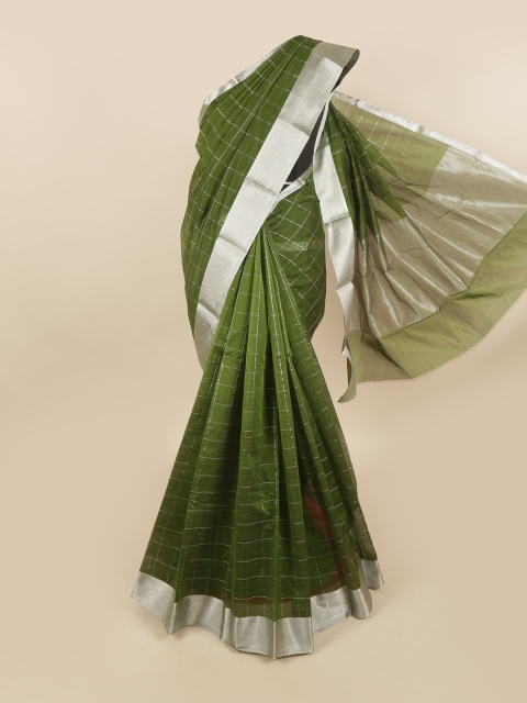 

Pothys Green & Silver-Toned Checked Silk Cotton Chettinad Saree