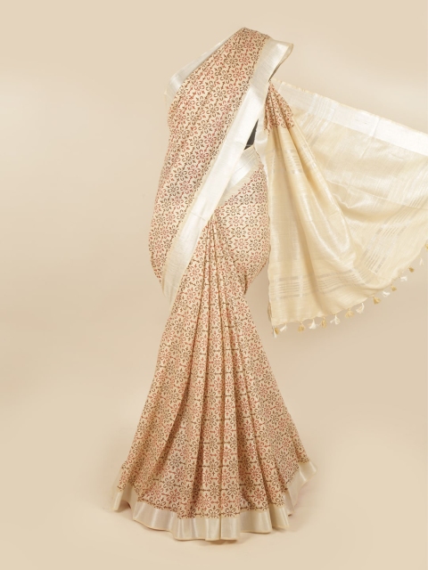 

Pothys Cream-Coloured Floral Linen Blend Chettinad Saree