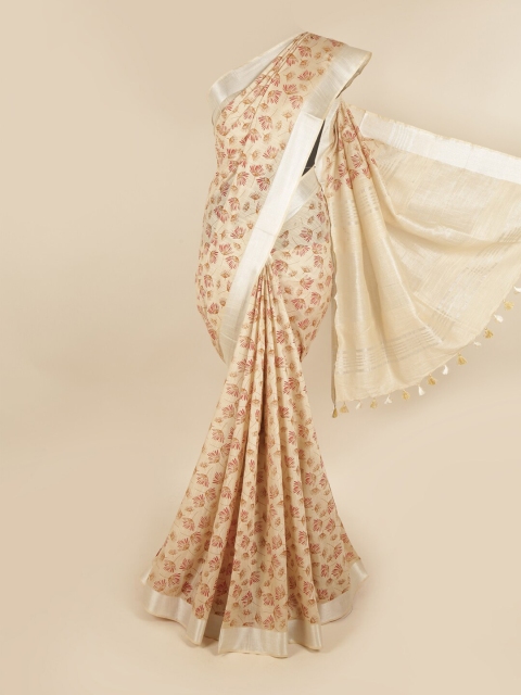 

Pothys Cream-Coloured & Silver-Toned Floral Linen Blend Chettinad Saree