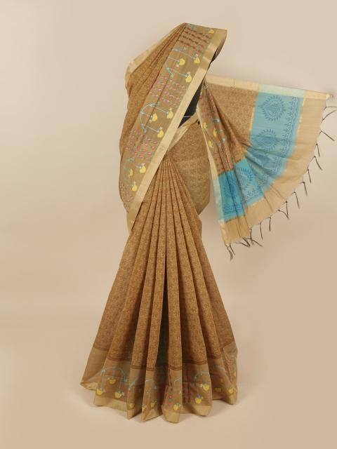 

Pothys Tan & Gold-Toned Floral Cotton Blend Chettinad Saree