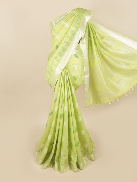 

Pothys Green & Silver-Coloured Ethnic Motifs Printed Linen Blend Chettinad Saree