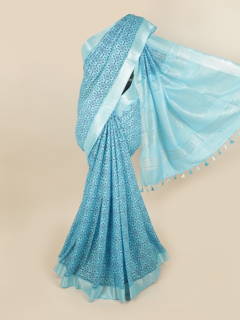 

Pothys Blue & Silver-Toned Floral Linen Blend Chettinad Saree