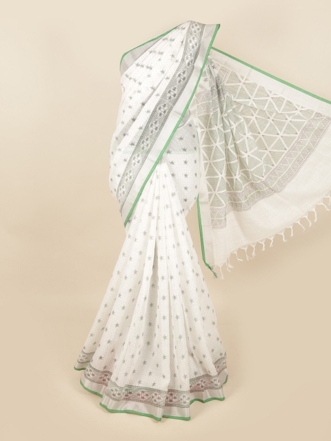 

Pothys White & Green Linen Blend Chettinad Saree