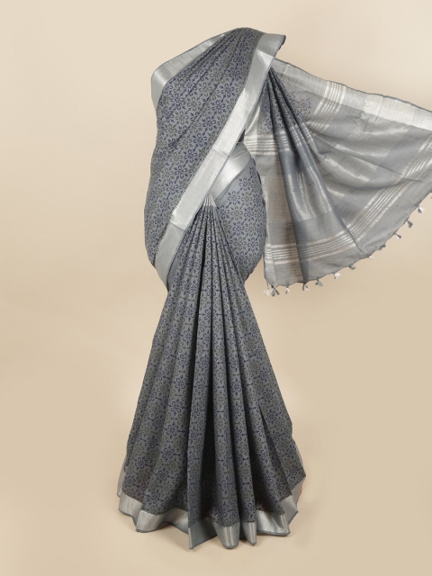 

Pothys Grey & Silver-Toned Floral Zari Linen Blend Chettinad Saree