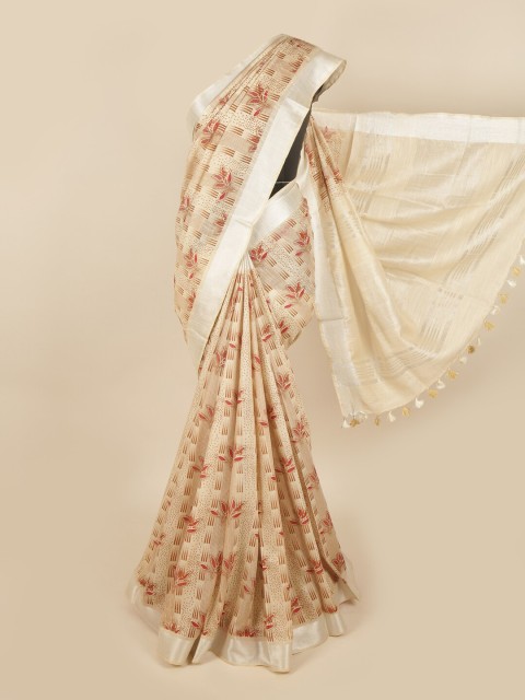 

Pothys Cream-Coloured & Red Floral Linen Blend Chettinad Saree