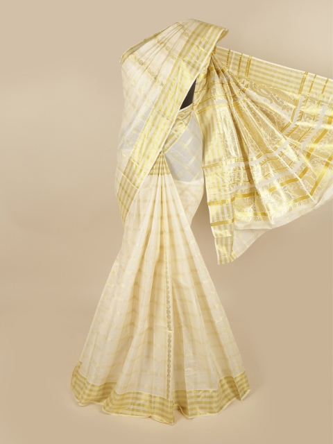 

Pothys Off White & Gold-Toned Checked Chettinad Saree