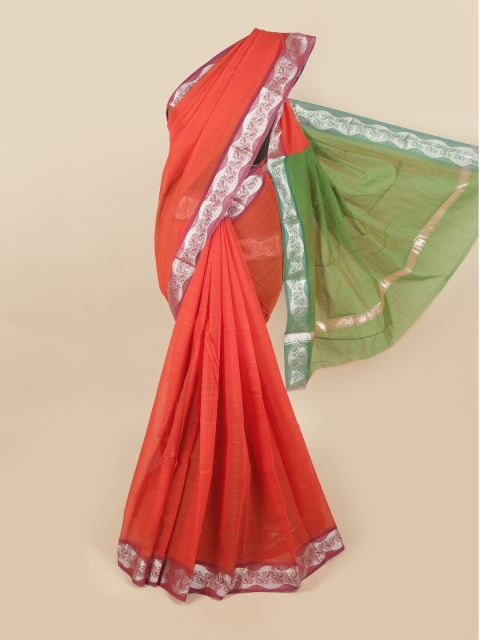 

Pothys Coral & Silver-Toned Zari Silk Cotton Chettinad Saree
