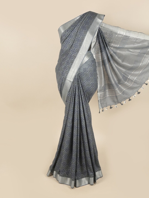 

Pothys Grey & Silver-Toned Floral Linen Blend Chettinad Saree