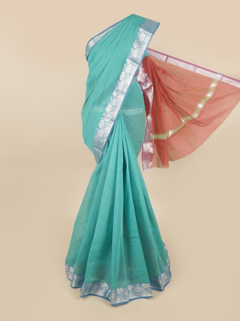 

Pothys Blue & Silver-Toned Silk Cotton Chettinad Saree
