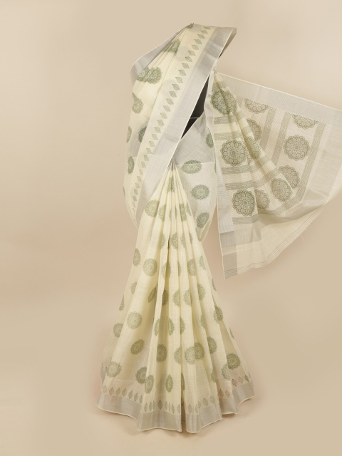 

Pothys Beige & Silver-Toned Floral Linen Blend Chettinad Saree