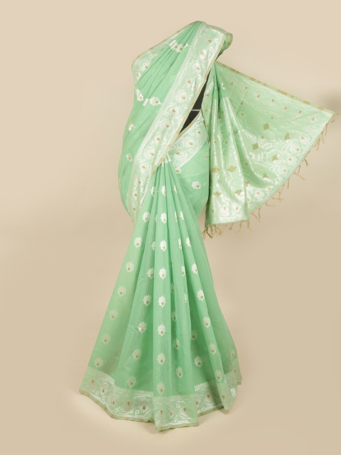 

Pothys Green & Silver-Toned Woven Design Cotton Blend Saree