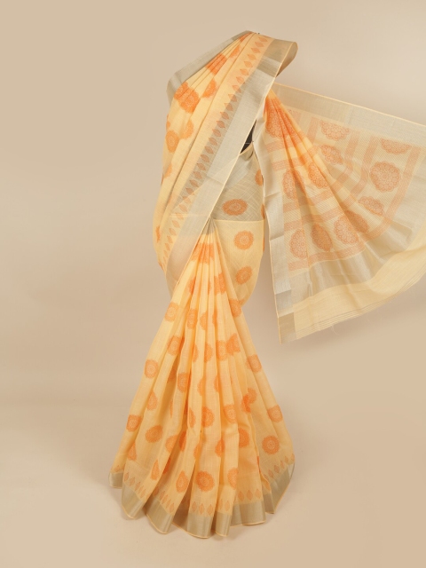 

Pothys Orange & Silver-Toned Ethnic Motifs Linen Blend Chettinad Saree