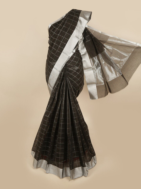

Pothys Black & Silver-Coloured Checked Silk Cotton Chettinad Saree