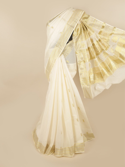 

Pothys Off White & Gold Ethnic Motifs Cotton Blend Chettinad Saree