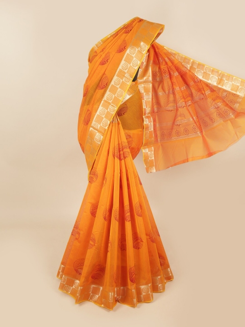 

Pothys Mustard & Red Zari Silk Cotton Chettinad Saree