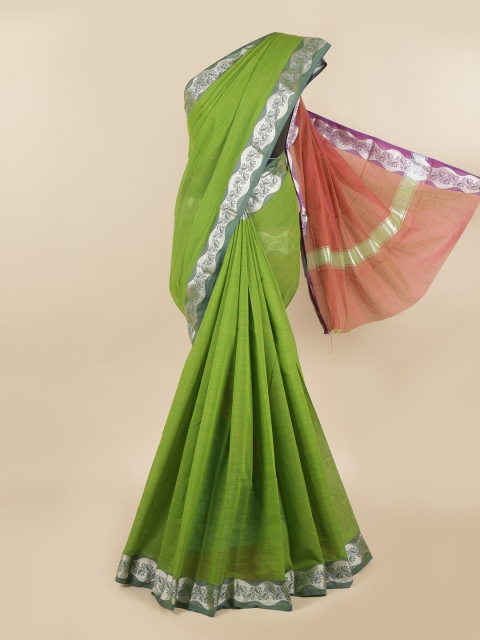 

Pothys Green & Silver-Toned Silk Cotton Chettinad Saree