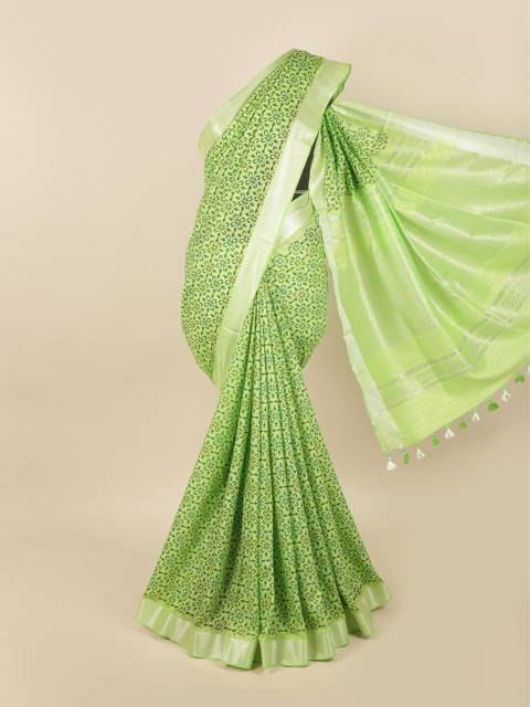 

Pothys Green & Gold-Toned Floral Linen Blend Saree