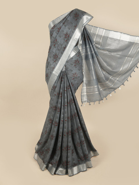 

Pothys Grey & Silver-Toned Floral Chettinad Linen Blend Saree