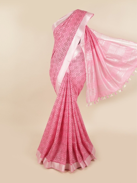 

Pothys Pink & Silver-Toned Ethnic Motifs Linen Blend Chettinad Saree