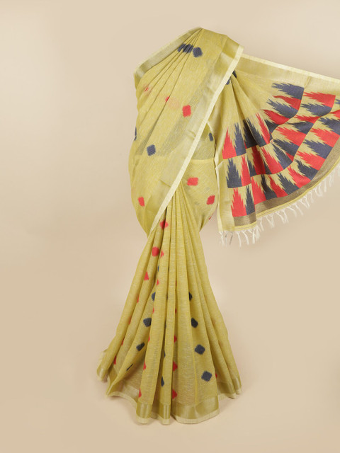 

Pothys Green & Red Woven Design Zari Linen Blend Chettinad Saree