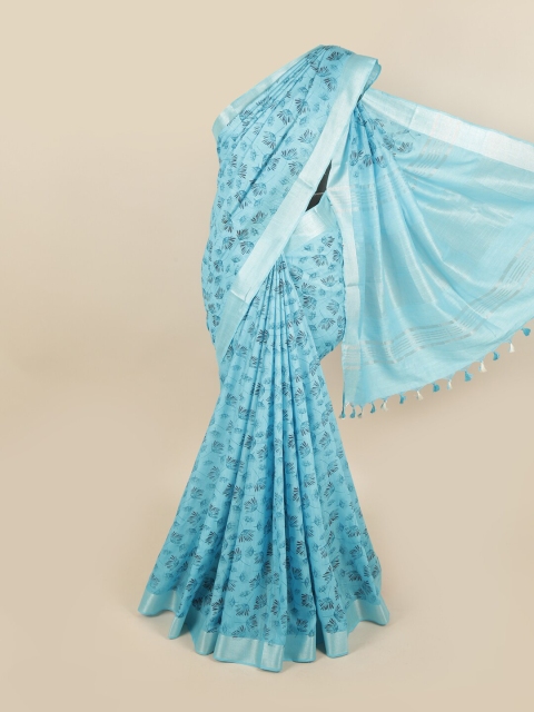 

Pothys Blue & Silver-Coloured Floral Printed Linen Blend Chettinad Saree