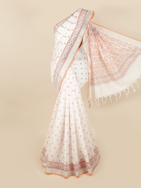 

Pothys White & Orange Linen Blend Chettinad Saree