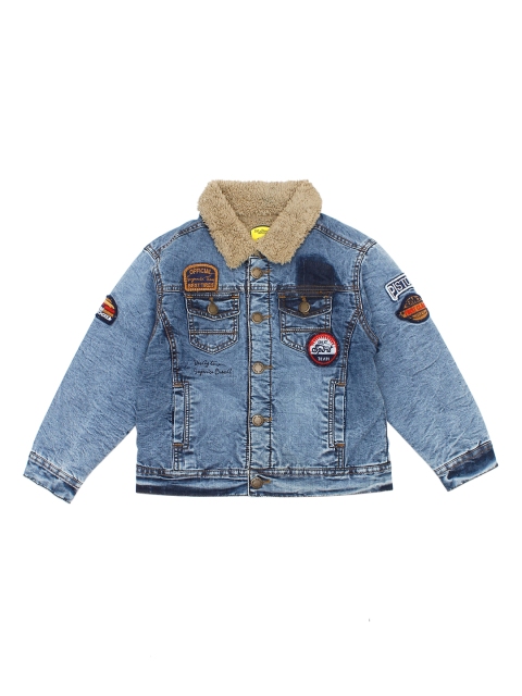 

Lil Lollipop Unisex Kids Blue Washed Denim Jacket with Patchwork
