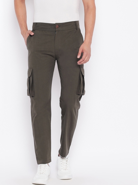 

HARBORNBAY Men Olive Green Solid Pure Cotton Cargo Pants