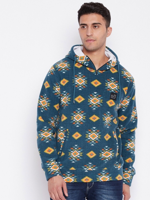 

HARBORNBAY Men Teal Printed Hooded Sweatshirt