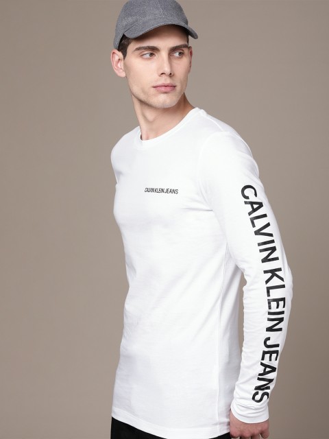 

Calvin Klein Jeans Men White Brand Logo Printed Sleeves Pure Cotton T-shirt