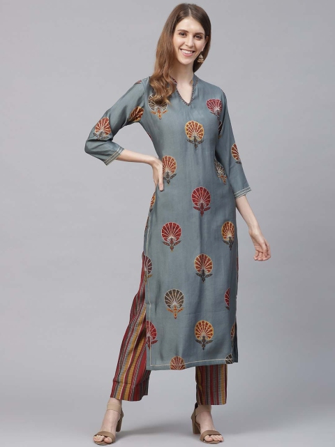 

Ishin Women Blue Ethnic Motifs Printed Regular Sequinned Kurta with Trousers