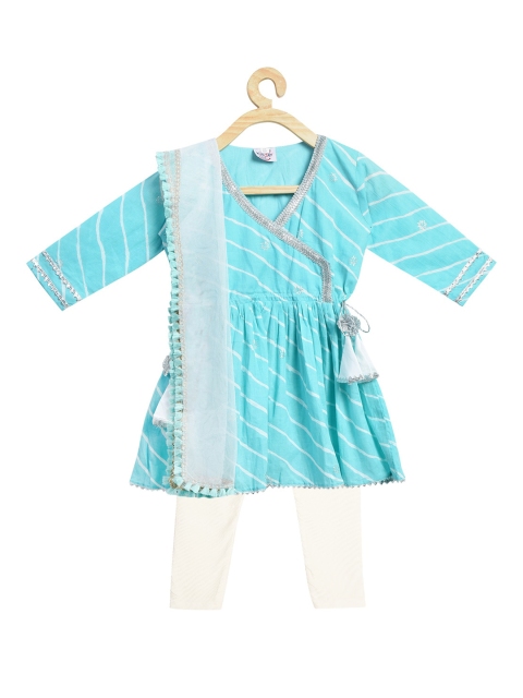 

Kinder Kids Girls Blue Leheriya Angrakha Pure Cotton Kurta with Trousers & Dupatta