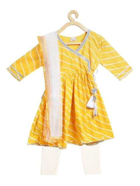 

Kinder Kids Girls Yellow Striped Layered Pure Cotton Kurti with Salwar & With Dupatta