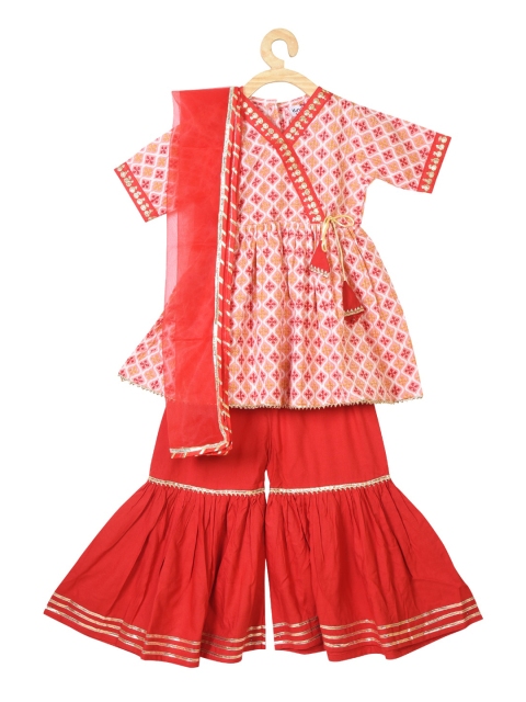 

Kinder Kids Girls Red Foil Printed Pure Cotton Kurti with Sharara & With Dupatta
