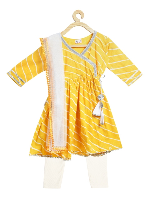 

Kinder Kids Girls Yellow Striped Layered Pure Cotton Kurti with Salwar & With Dupatta
