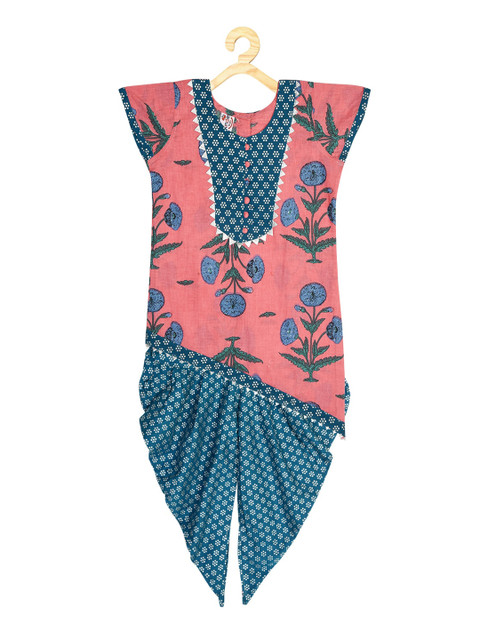 

Kinder Kids Girls Pink Bandhani Printed Empire Pure Cotton Top with Dhoti Pants