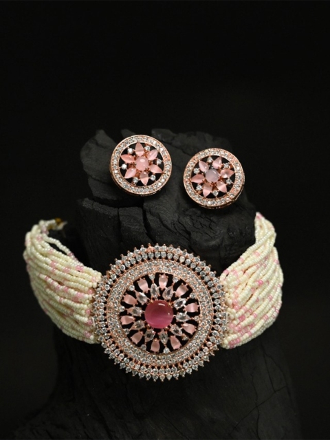 

justpeachy Women Pink & White AD-Studded & Beads Beaded Gold-Plated Jewellery Set