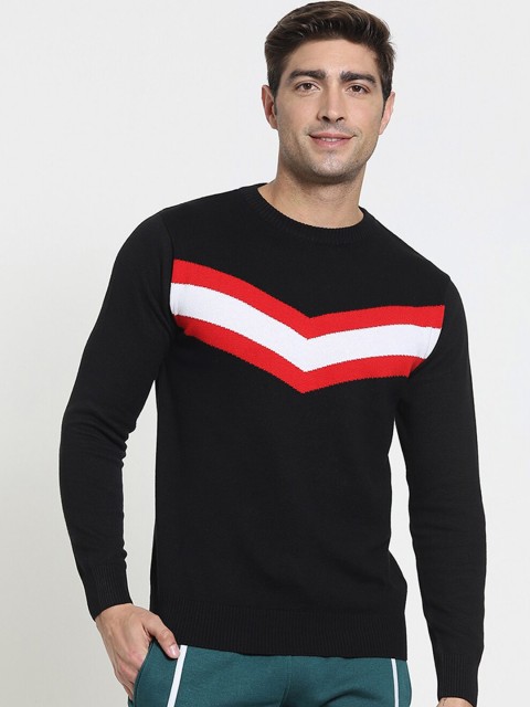 

Bewakoof Men Black & Red Striped Cotton Flat Knitted Pullover Sweater