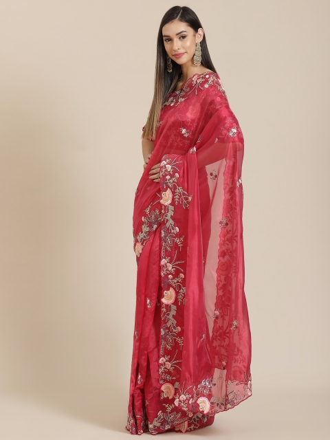 

Readiprint Fashions Red Floral Embroidered Zari Organza Silk Tussar Saree