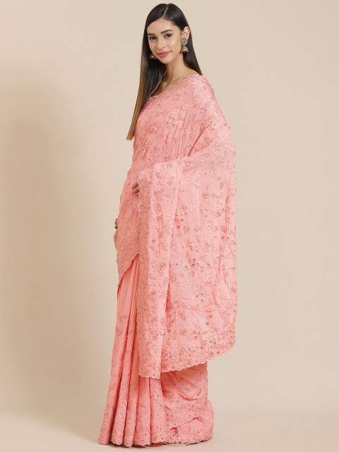 

Readiprint Fashions Pink Floral Embellished Zari Work Organza Tussar Saree