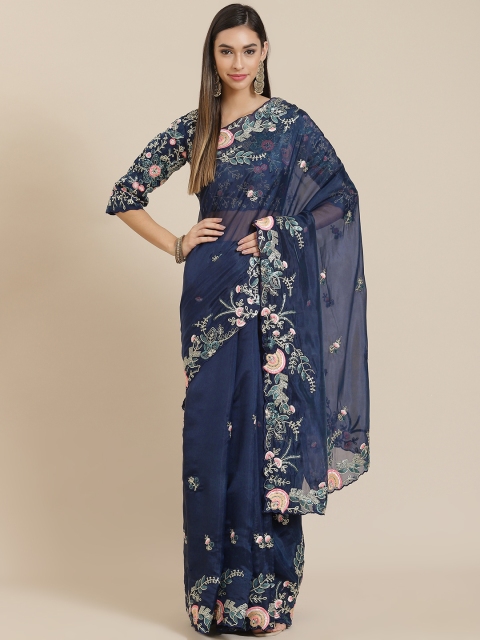 

Readiprint Fashions Navy Blue Floral Zari Organza Tussar Saree
