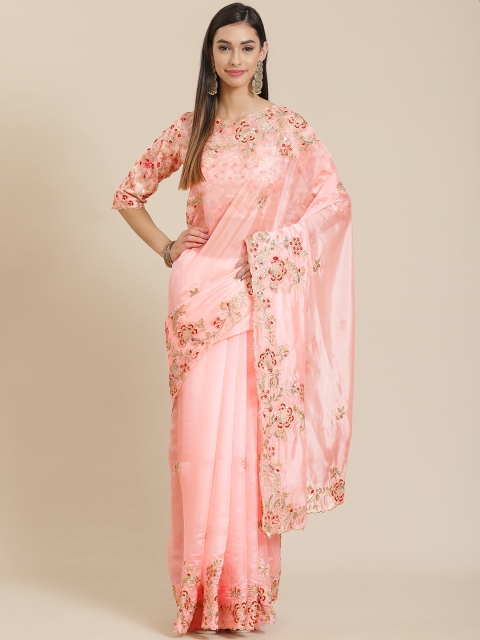 

Readiprint Fashions Pink Floral Sequinned Organza Tussar Saree