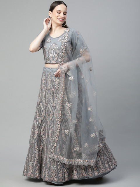 

Readiprint Fashions Grey Embroidered Sequinned Semi-Stitched Lehenga & Unstitched Blouse With Dupatta